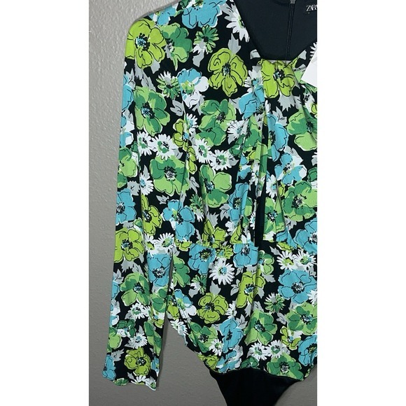 Women's‎ ZARA Floral Satin Sexy Bodysuit Blouse Sz S Black Green New With Tags - Picture 5 of 8